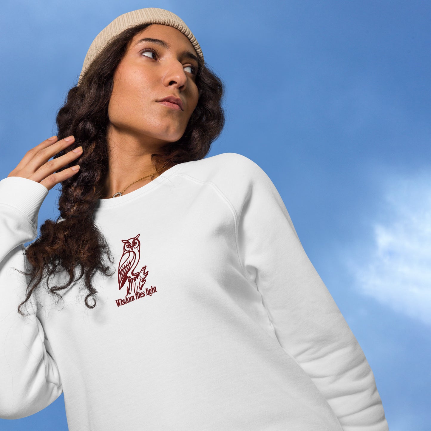 Owl Unisex Organic Raglan Sweatshirt: 'Wisdom Flies Light' in Fall | Sustainable Fashion USA Dudeily