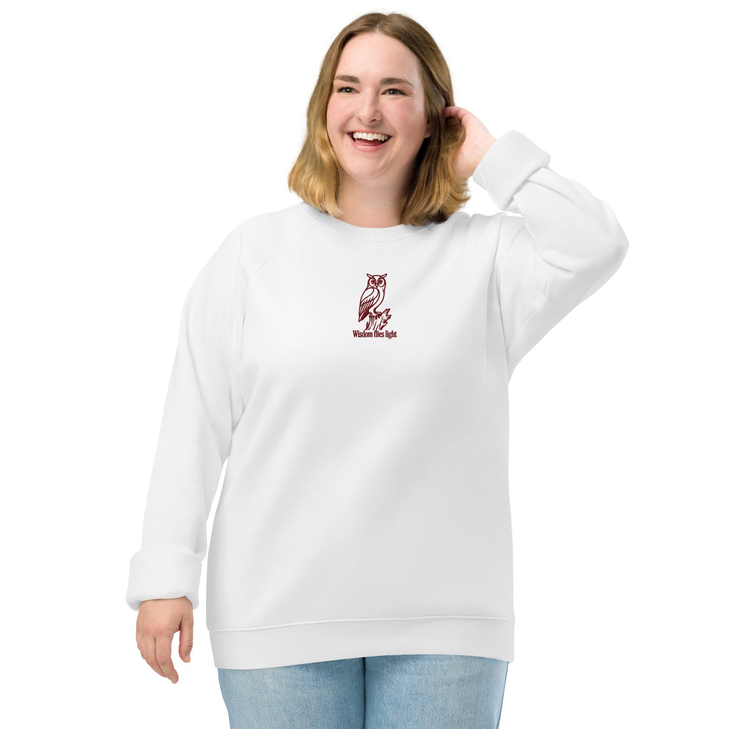 Owl Unisex Organic Raglan Sweatshirt: 'Wisdom Flies Light' in Fall | Sustainable Fashion USA Dudeily