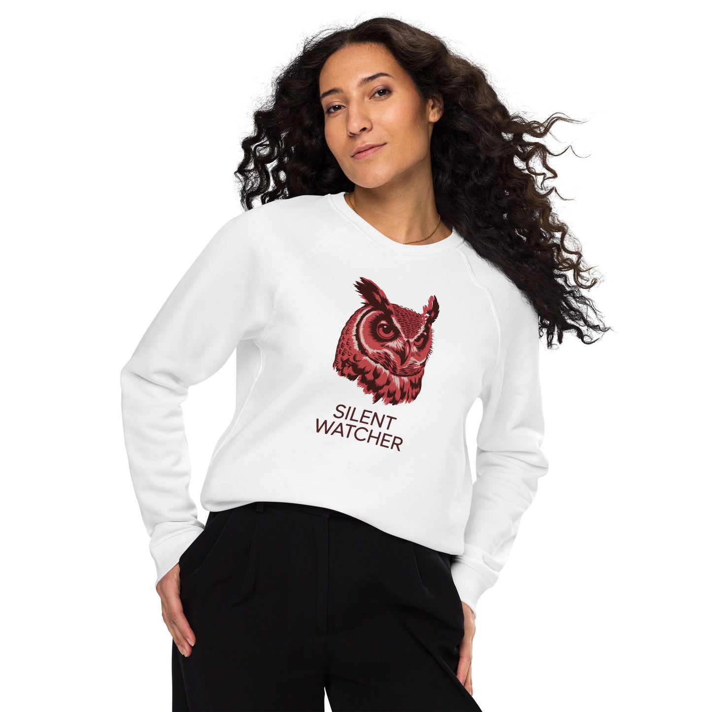 Unisex Organic Raglan Sweatshirt: ‘Silent Watcher’ in Fall | Sustainable Owl Fashion USA White Dudeily