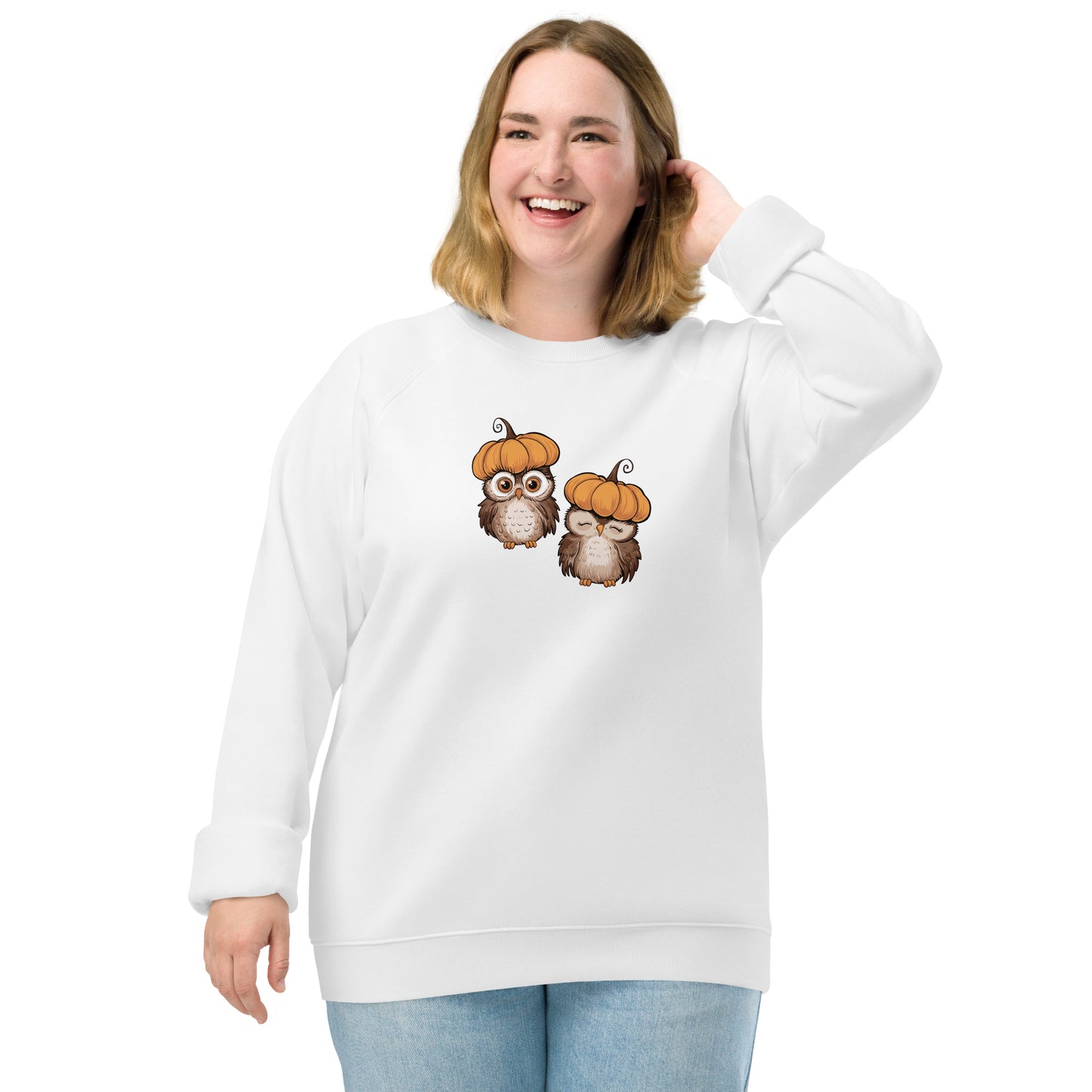 Unisex Organic Raglan Sweatshirt: Halloween Owl Eco-Friendly USA White Dudeily
