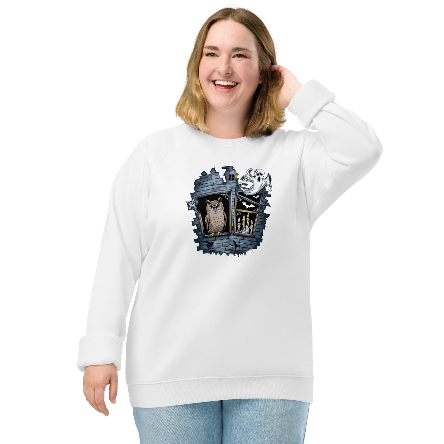 Unisex Organic Raglan Sweatshirt: Halloween Owl Eco-Friendly USA Dudeily