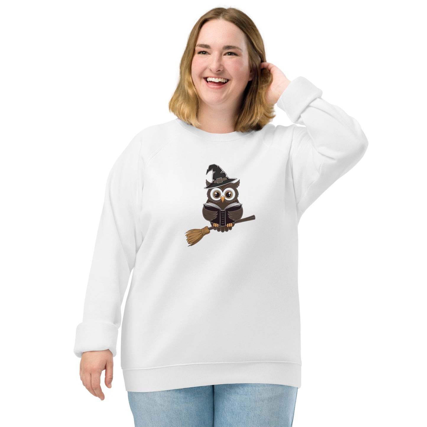 Unisex Organic Raglan Sweatshirt: Halloween Owl Eco Fashion USA Dudeily