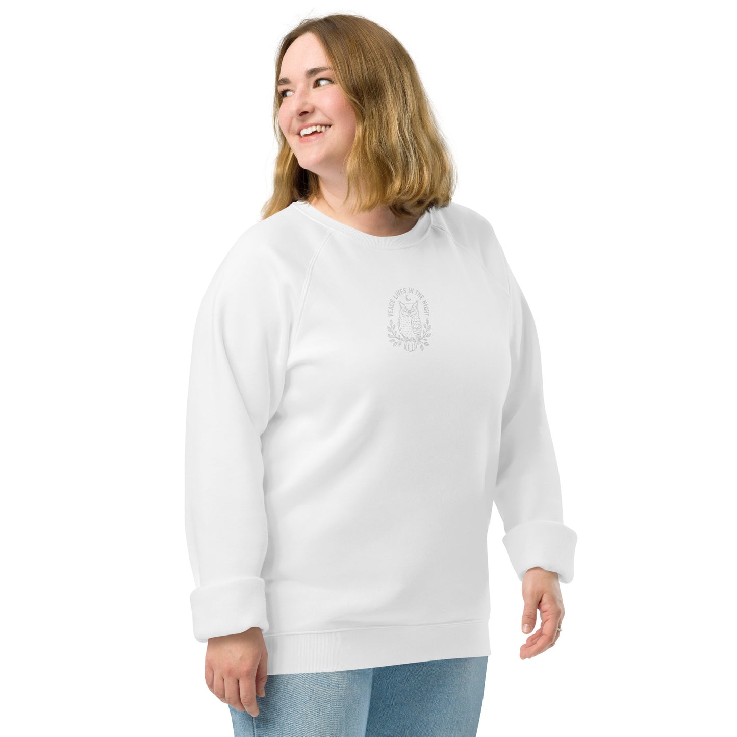 Owl Unisex Organic Raglan Sweatshirt – 'Peace Lives in the Night' in Fall | Sustainable Fashion USA Dudeily