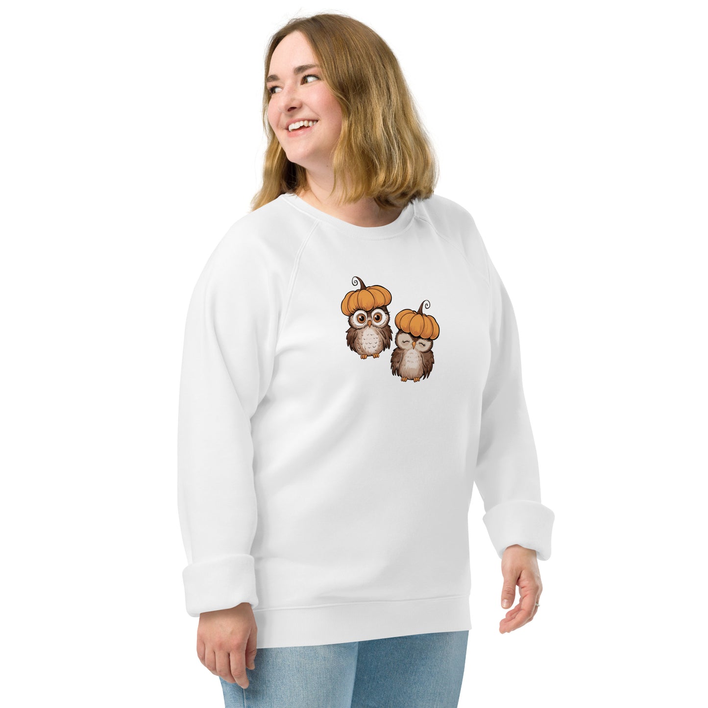 Unisex Organic Raglan Sweatshirt: Halloween Owl Eco-Friendly USA Dudeily