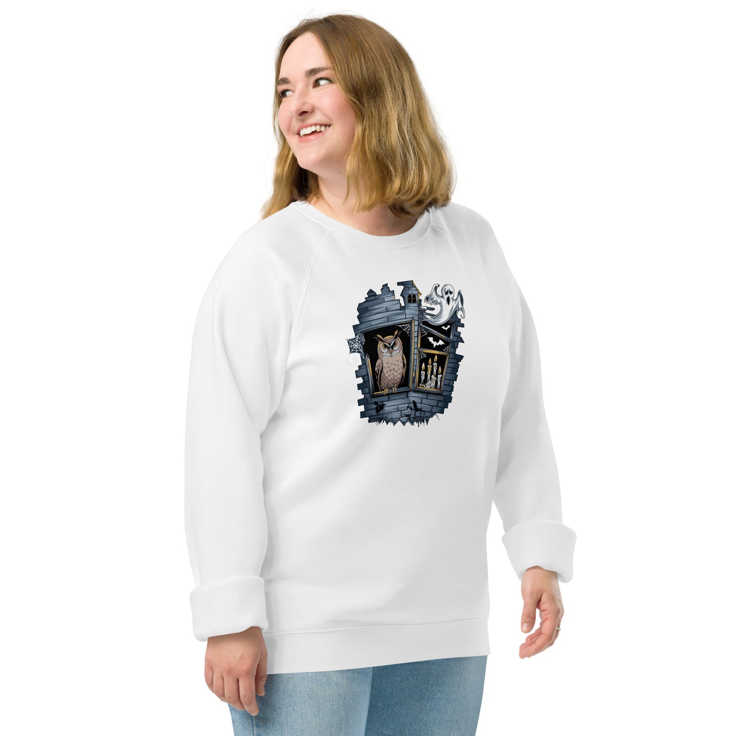 Unisex Organic Raglan Sweatshirt: Halloween Owl Eco-Friendly USA White Dudeily