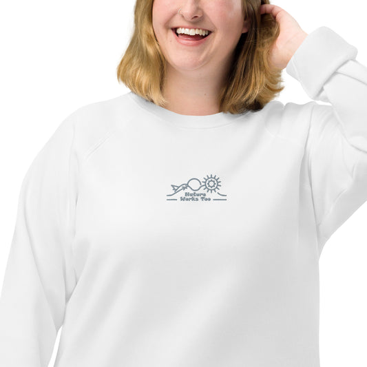 Unisex Organic Raglan Sweatshirt: Nature Works Too | Owl Embroidered Sustainable Fashion USA by Dudeily Dudeily