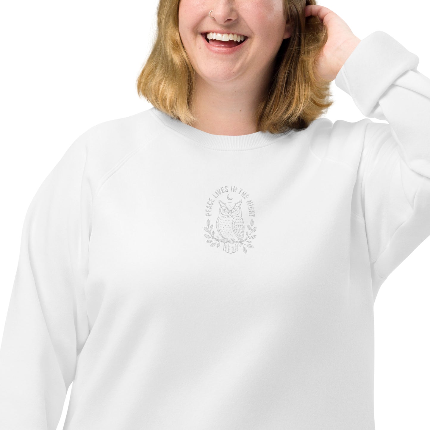 Owl Unisex Organic Raglan Sweatshirt – 'Peace Lives in the Night' in Fall | Sustainable Fashion USA Dudeily
