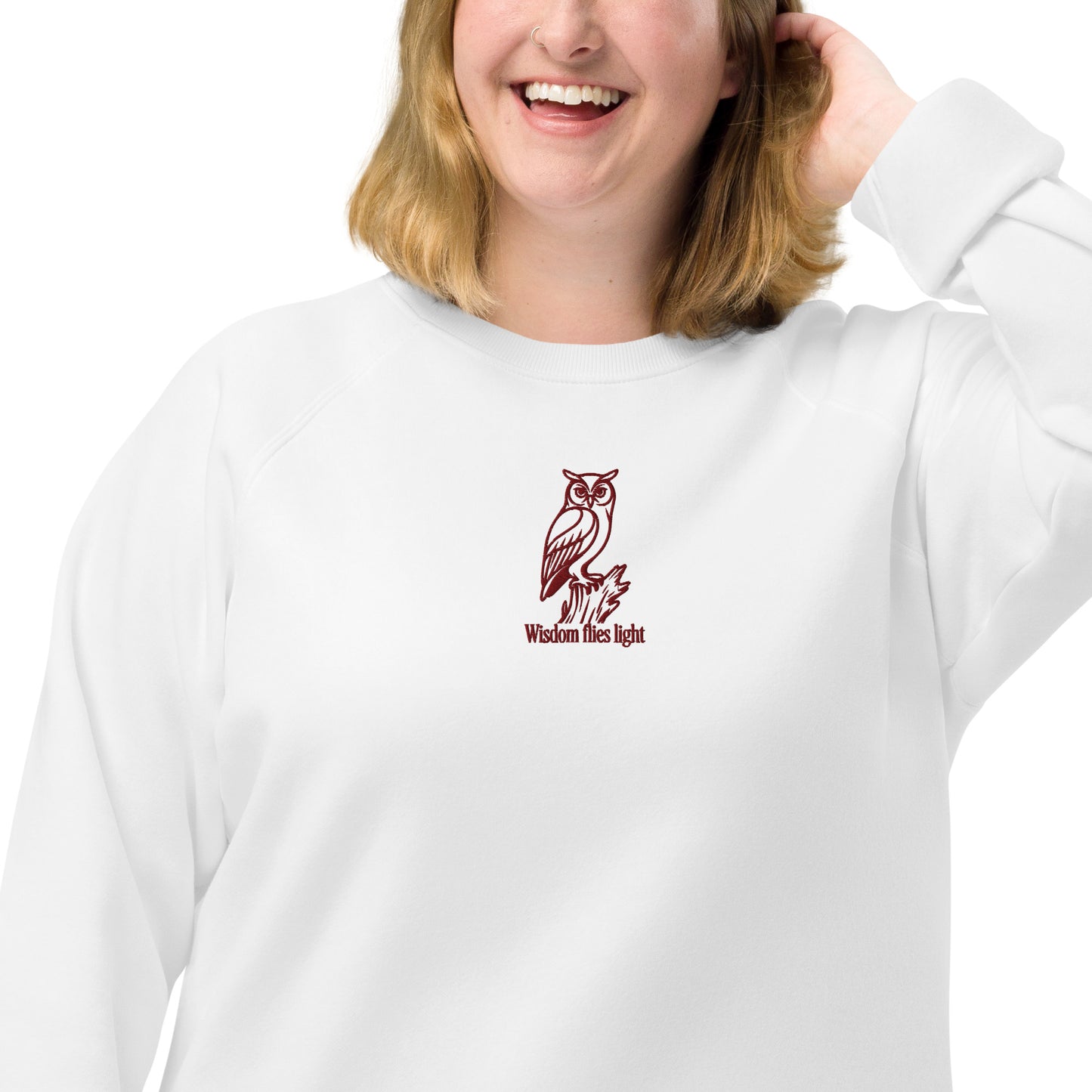 Owl Unisex Organic Raglan Sweatshirt: 'Wisdom Flies Light' in Fall | Sustainable Fashion USA White Dudeily