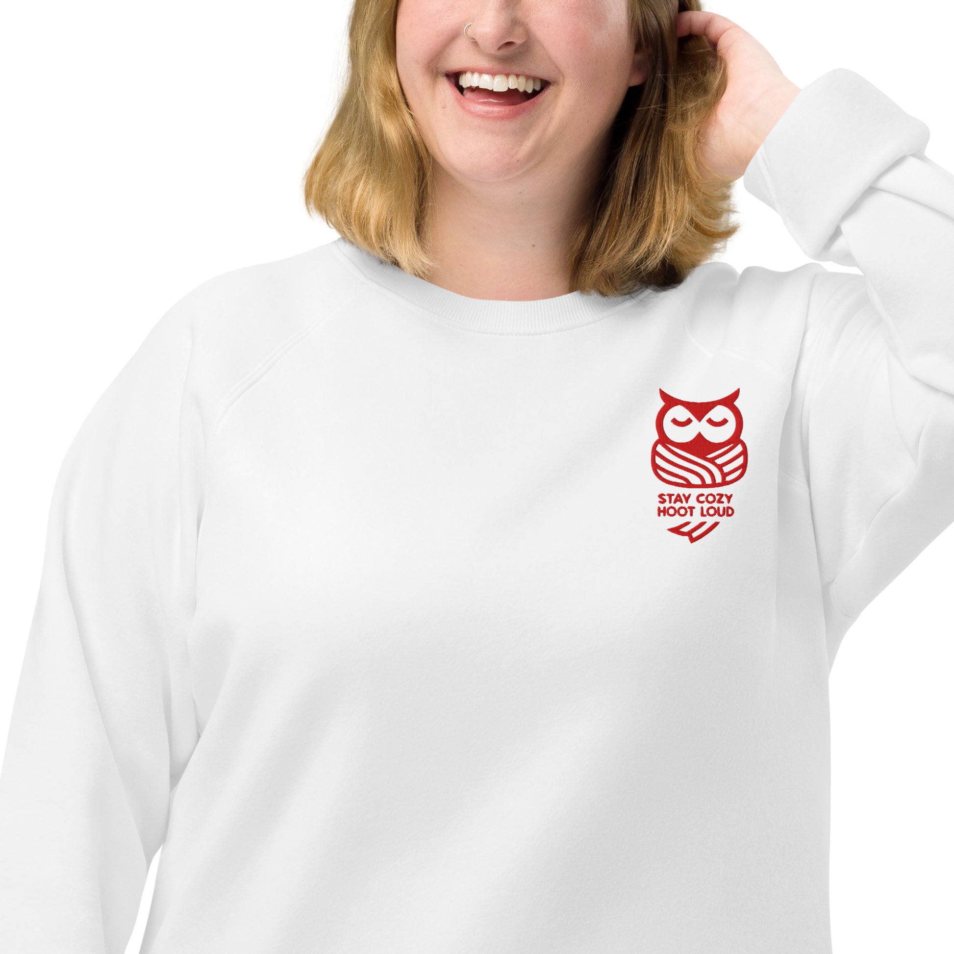 Owl Unisex Organic Raglan Sweatshirt: 'Stay Cozy Hoot Loud' in Fall | sustainable fashion USA Dudeily