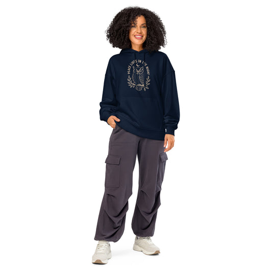 Unisex Organic Relaxed Hoodie: 'Peace in the Night' in Fall | Sustainable Owl Fashion USA French Navy Dudeily