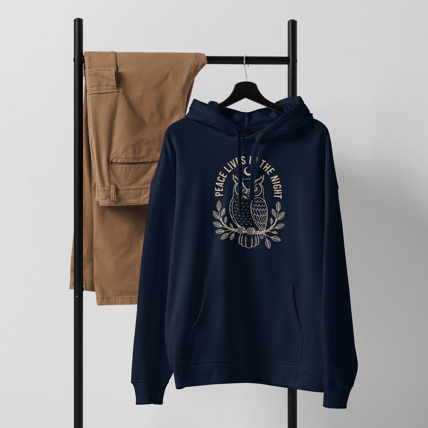 Unisex Organic Relaxed Hoodie: 'Peace in the Night' in Fall | Sustainable Owl Fashion USA Dudeily