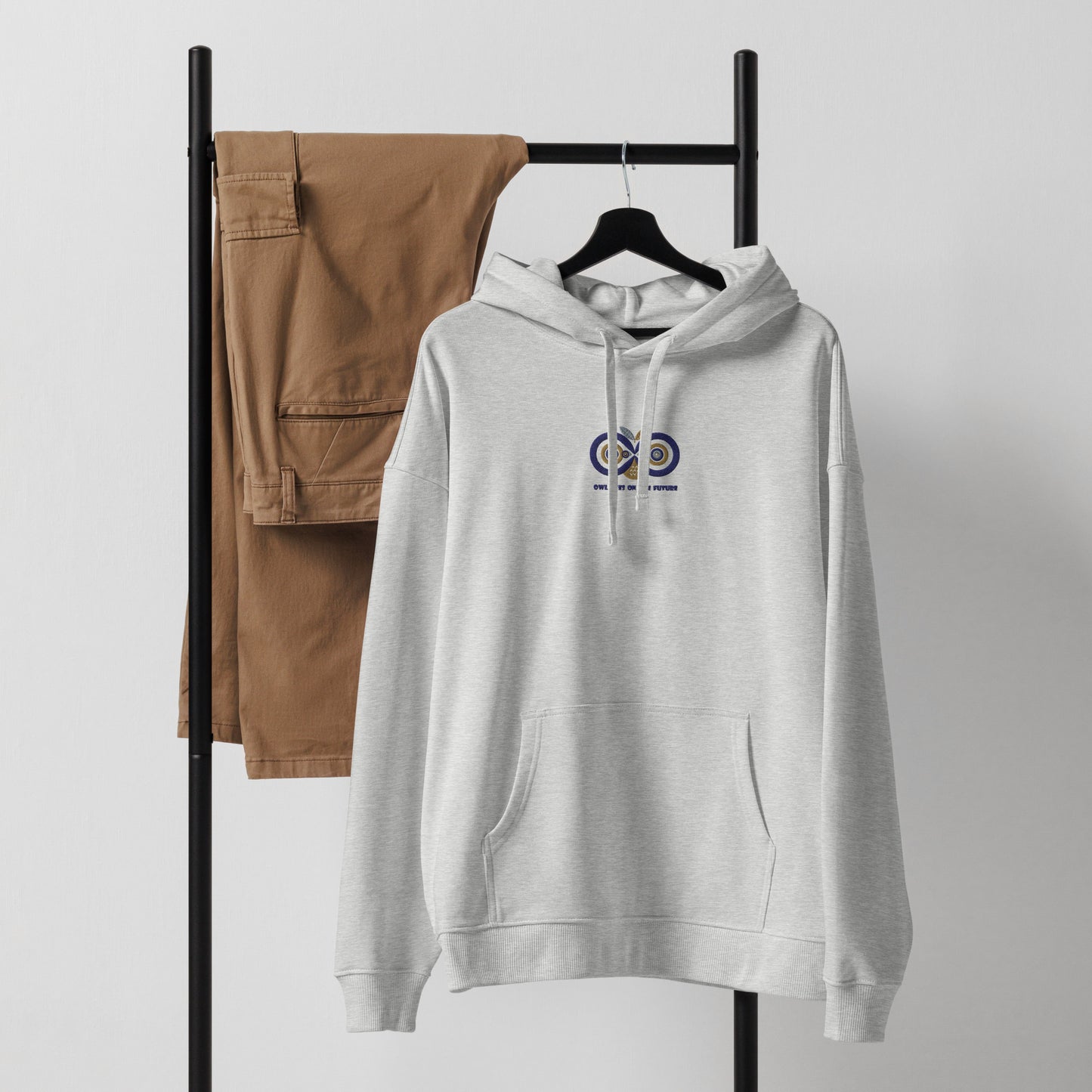 Unisex Organic Relaxed Hoodie: Owl Eyes on the Future | Embroidered Owl Sustainable Fashion Dudeily