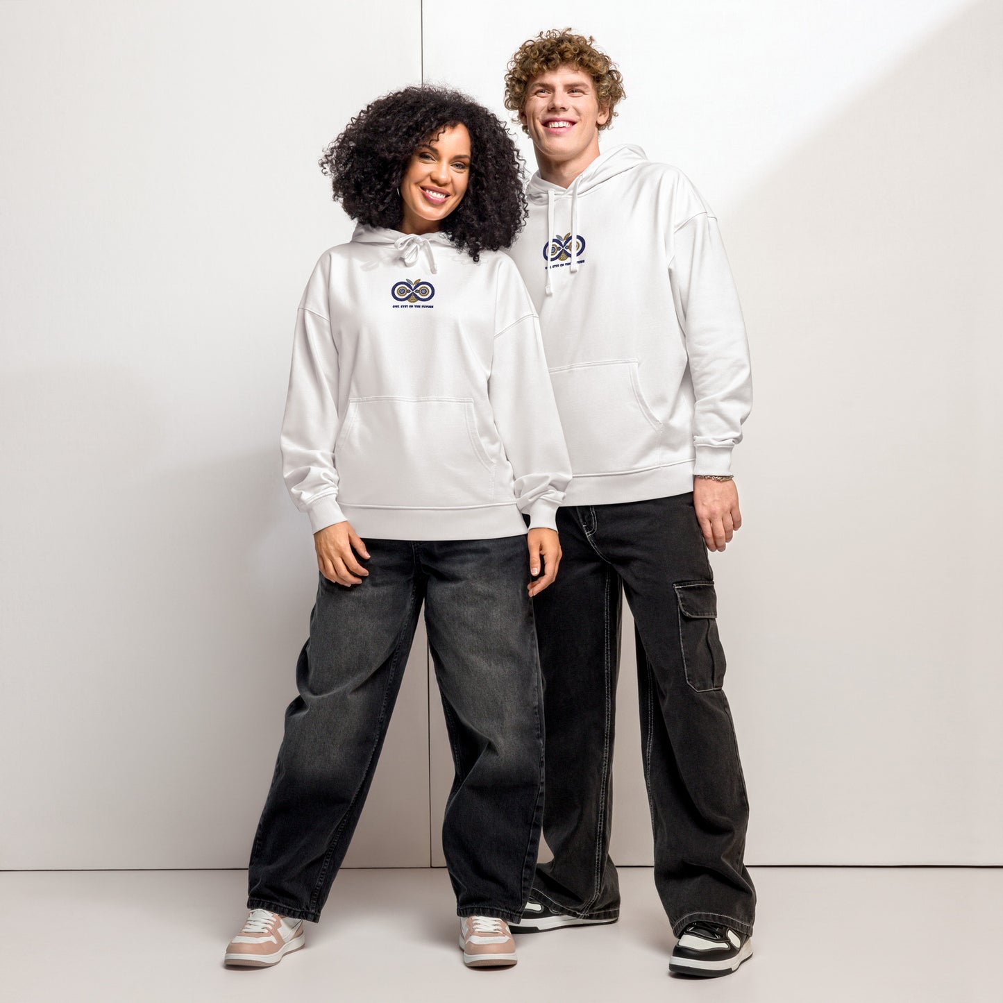 Unisex Organic Relaxed Hoodie: Owl Eyes on the Future | Embroidered Owl Sustainable Fashion Dudeily