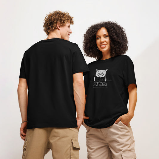 Ribbed Neck T-Shirt: 'Hoo’s Watching You? Just Nature' | Eco-Friendly Owl Apparel USA Dudeily