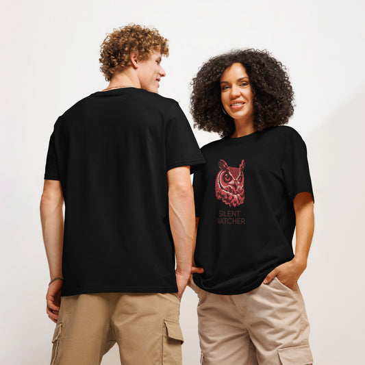 Unisex Organic Ribbed Neck T-Shirt: 'Silent Watcher' | Eco-Friendly Owl Apparel USA Dudeily