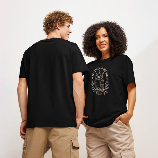 Unisex Organic Ribbed Neck T-Shirt: 'Peace in the Night' | Sustainable Owl Fashion USA Dudeily