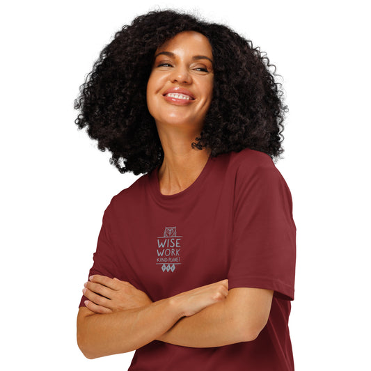 Unisex Organic Ribbed Neck T-Shirt: Wise Work, Kind Planet | Owl Embroidered Sustainable Fashion USA by Dudeily Dudeily