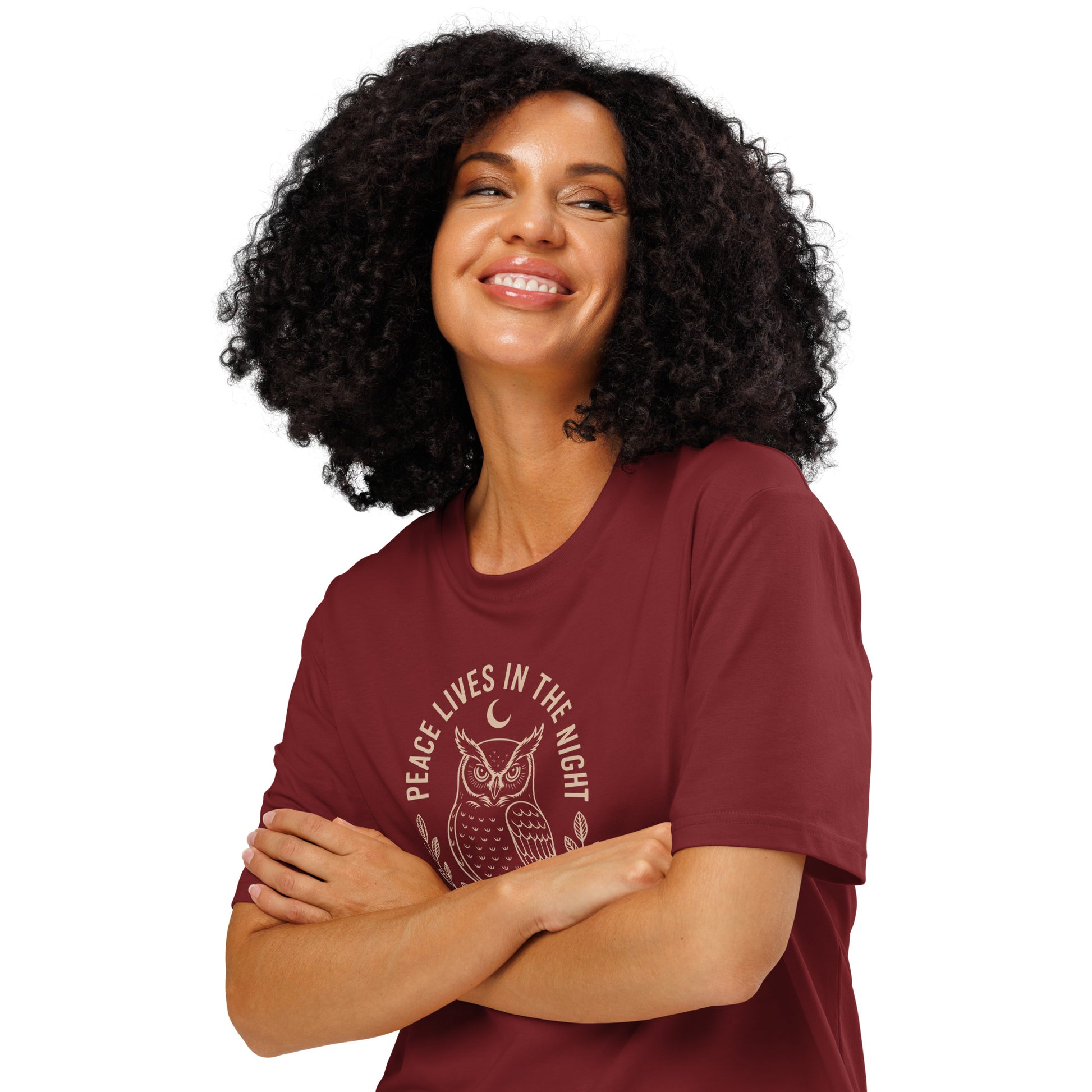 Unisex Organic Ribbed Neck T-Shirt: 'Peace in the Night' | Sustainable Owl Fashion USA Dudeily