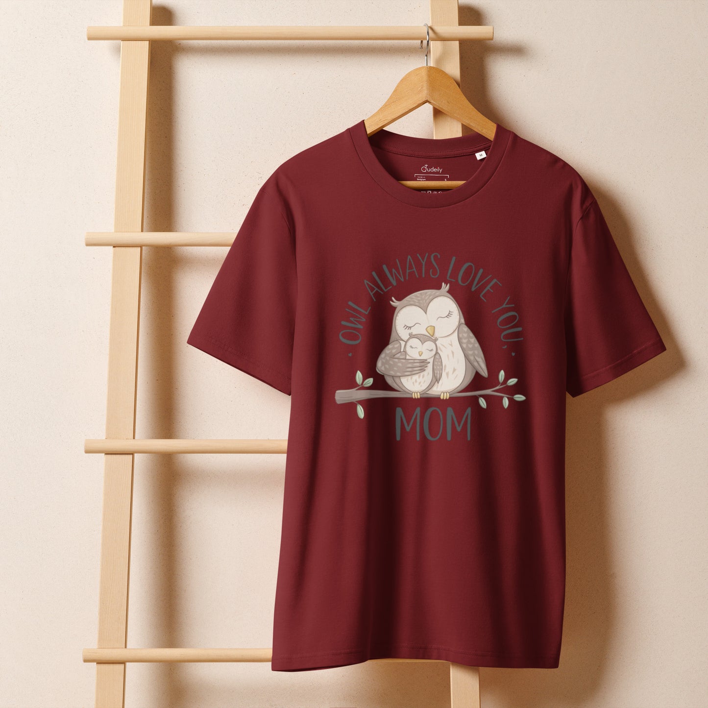 Unisex Organic Ribbed Neck T-Shirt – Owl-Inspired Eco-Friendly Sustainable Tee Burgundy Dudeily