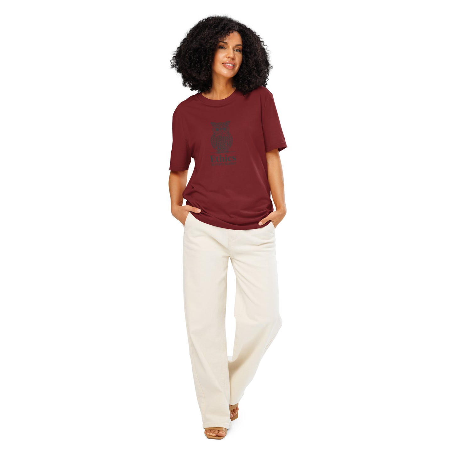 Unisex Organic Ribbed Neck T-Shirt: 'Ethics in Every Feather' | Sustainable Owl Fashion USA Burgundy Dudeily