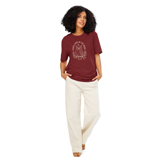 Unisex Organic Ribbed Neck T-Shirt: 'Peace in the Night' | Sustainable Owl Fashion USA Burgundy Dudeily