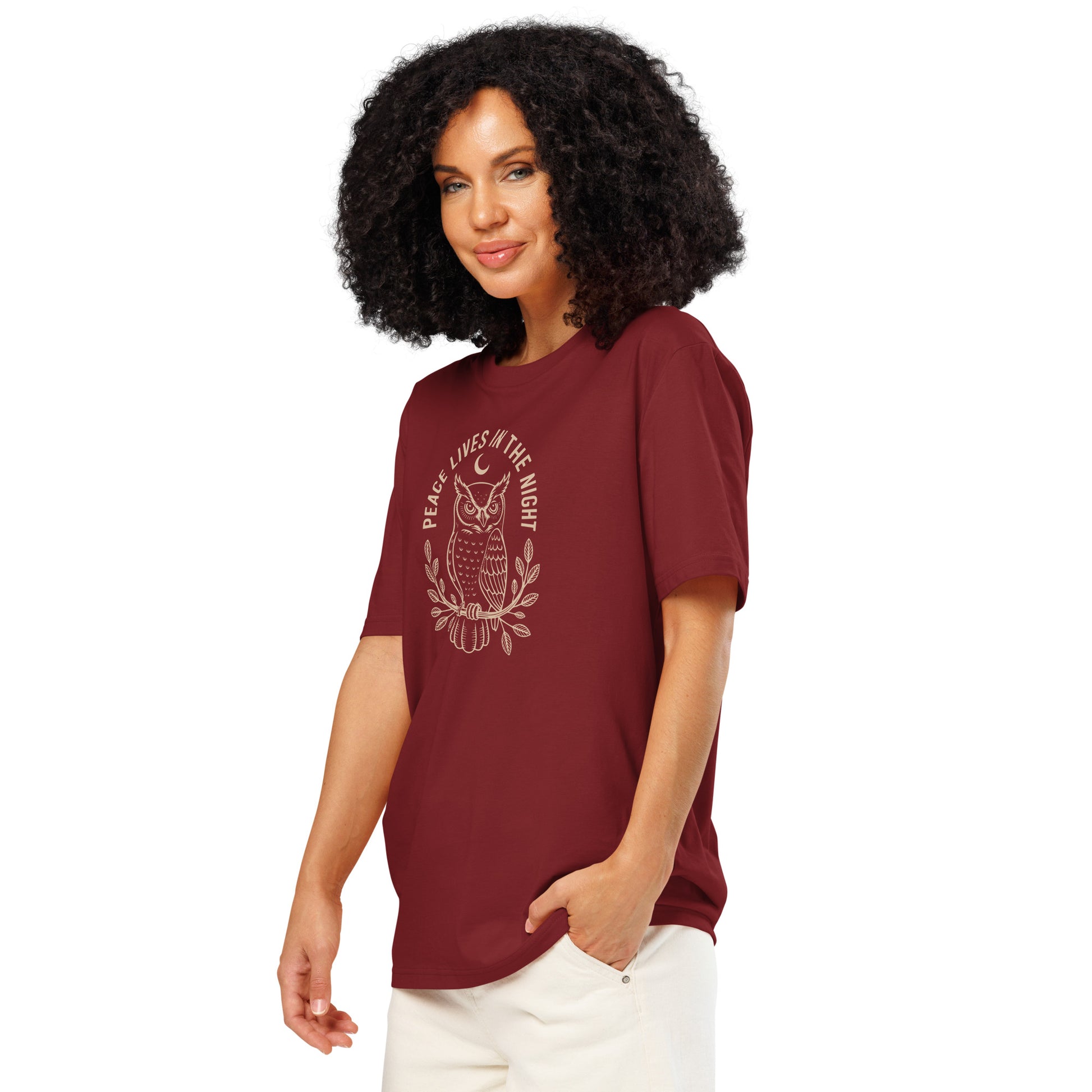 Unisex Organic Ribbed Neck T-Shirt: 'Peace in the Night' | Sustainable Owl Fashion USA Dudeily