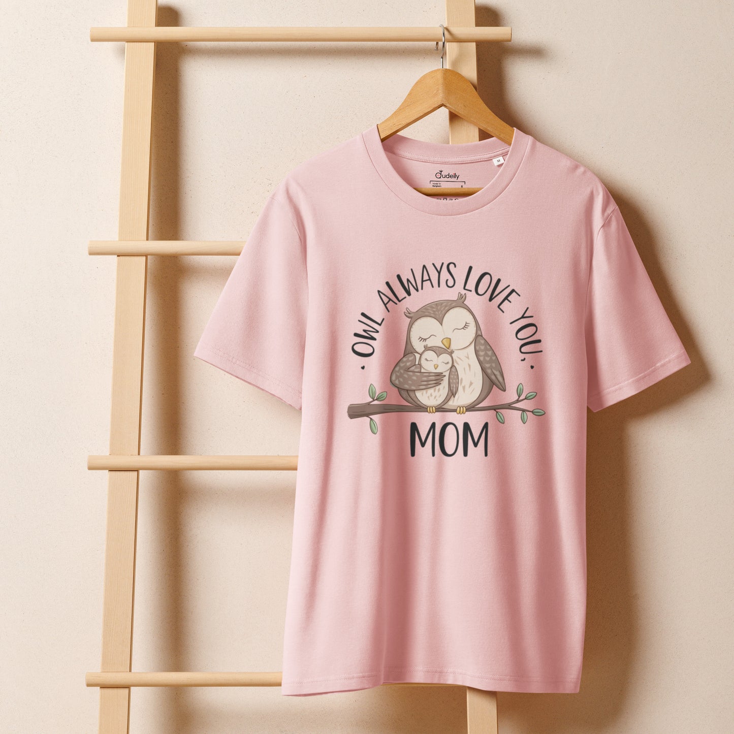 Unisex Organic Ribbed Neck T-Shirt – Owl-Inspired Eco-Friendly Sustainable Tee Cotton Pink Dudeily