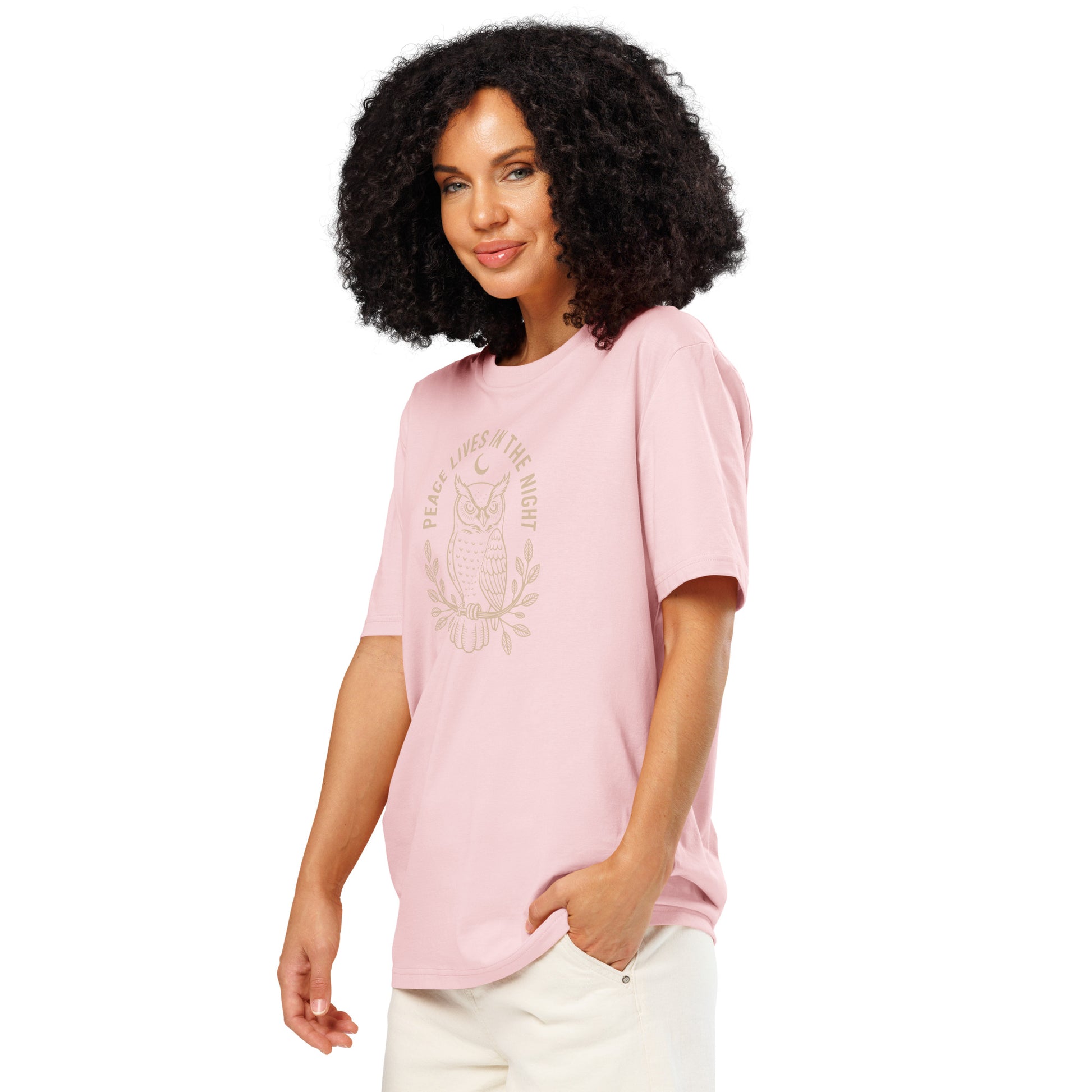 Unisex Organic Ribbed Neck T-Shirt: 'Peace in the Night' | Sustainable Owl Fashion USA Dudeily