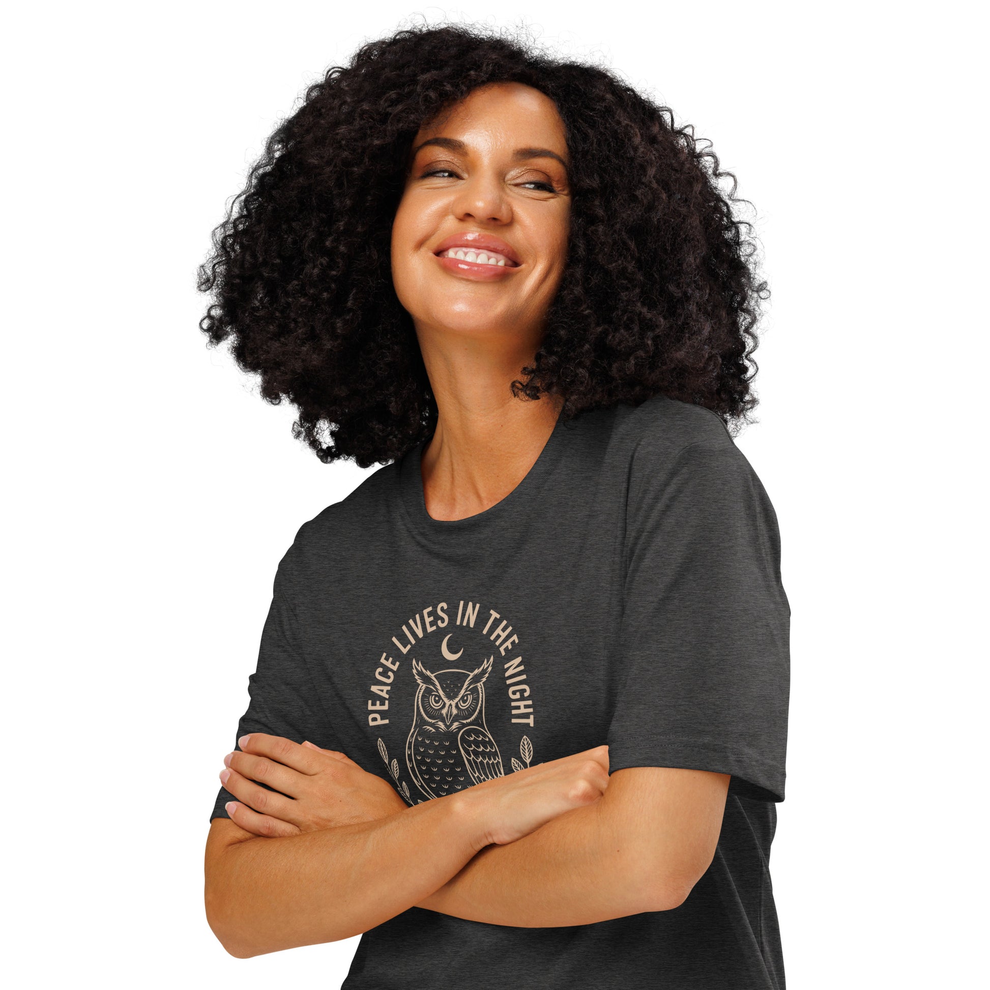 Unisex Organic Ribbed Neck T-Shirt: 'Peace in the Night' | Sustainable Owl Fashion USA Dudeily