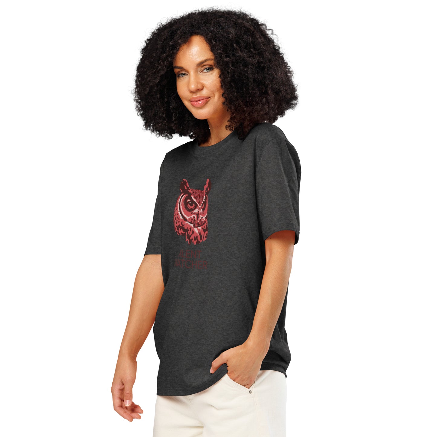 Unisex Organic Ribbed Neck T-Shirt: 'Silent Watcher' | Eco-Friendly Owl Apparel USA Dark Heather Grey Dudeily