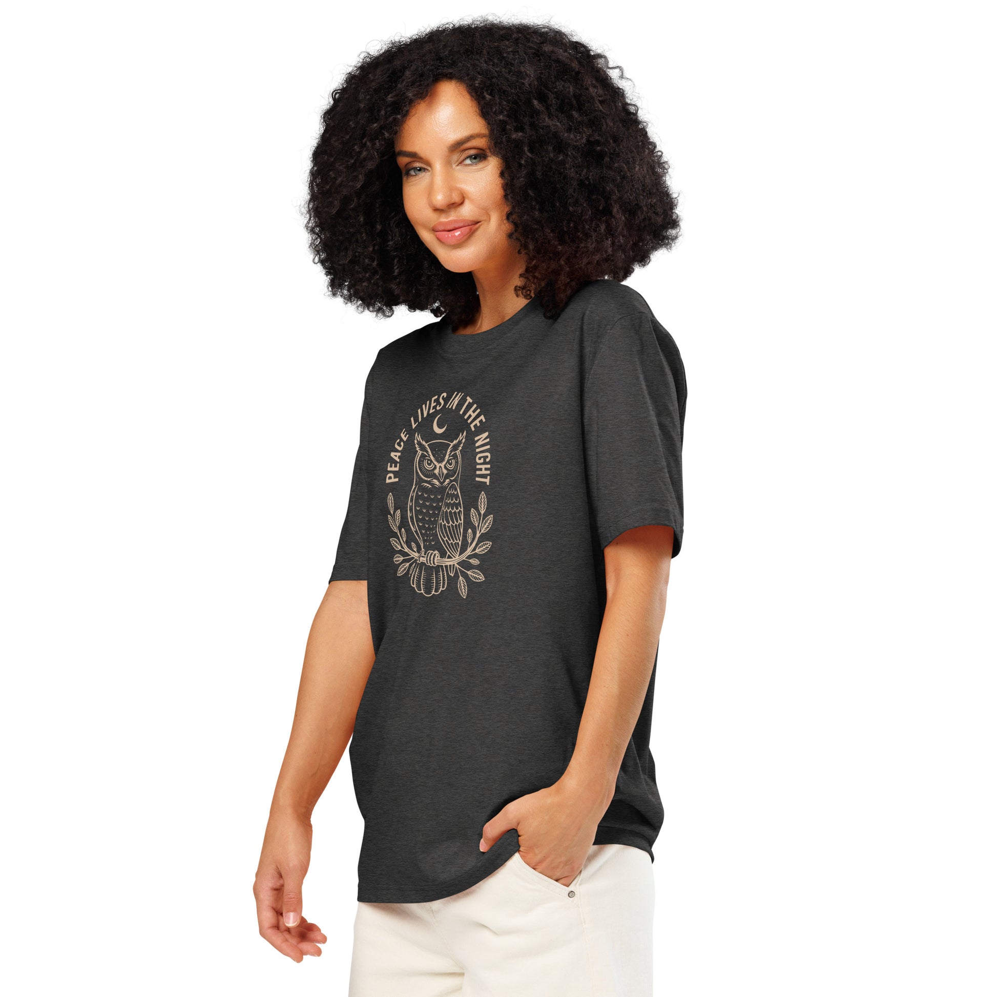 Unisex Organic Ribbed Neck T-Shirt: 'Peace in the Night' | Sustainable Owl Fashion USA Dudeily