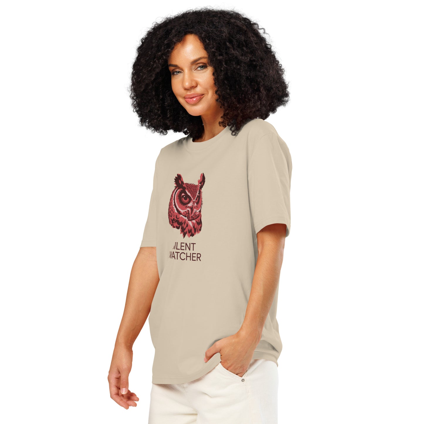 Unisex Organic Ribbed Neck T-Shirt: 'Silent Watcher' | Eco-Friendly Owl Apparel USA Desert Dust Dudeily