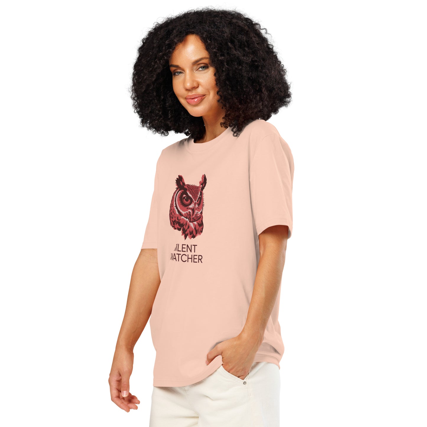 Unisex Organic Ribbed Neck T-Shirt: 'Silent Watcher' | Eco-Friendly Owl Apparel USA Fraiche Peche Dudeily