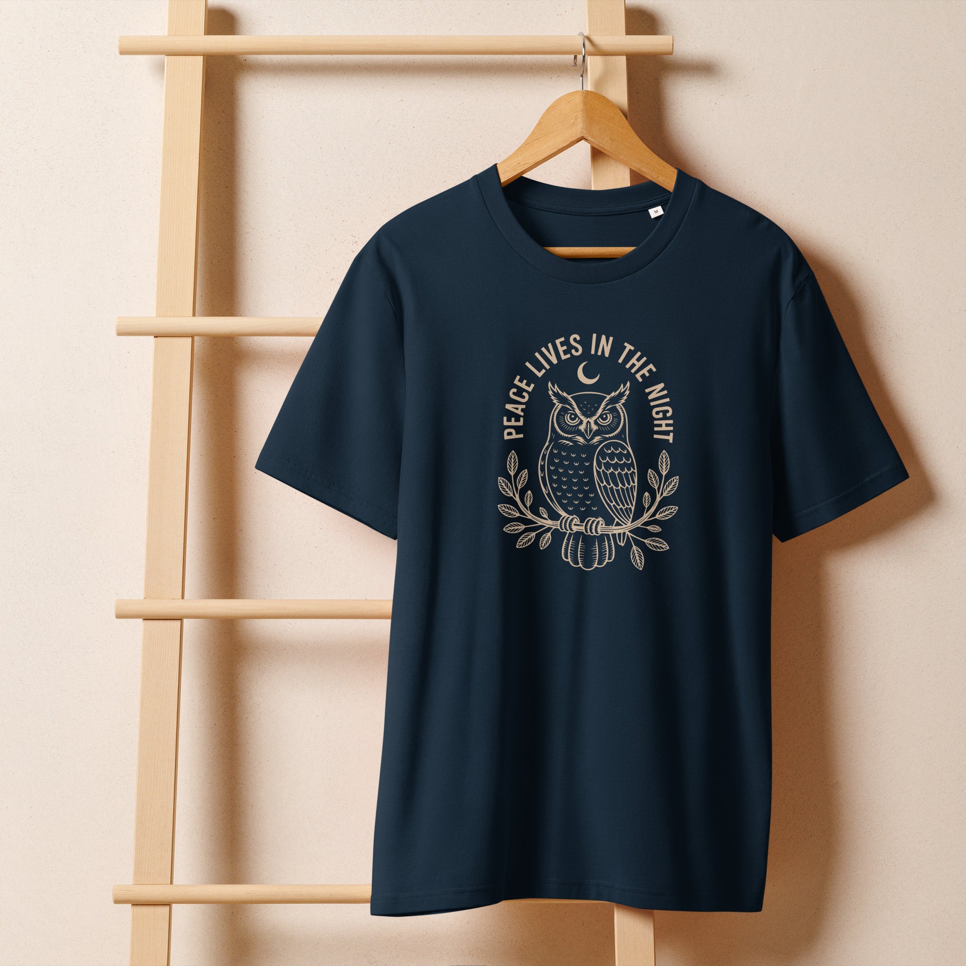 Unisex Organic Ribbed Neck T-Shirt: 'Peace in the Night' | Sustainable Owl Fashion USA Dudeily