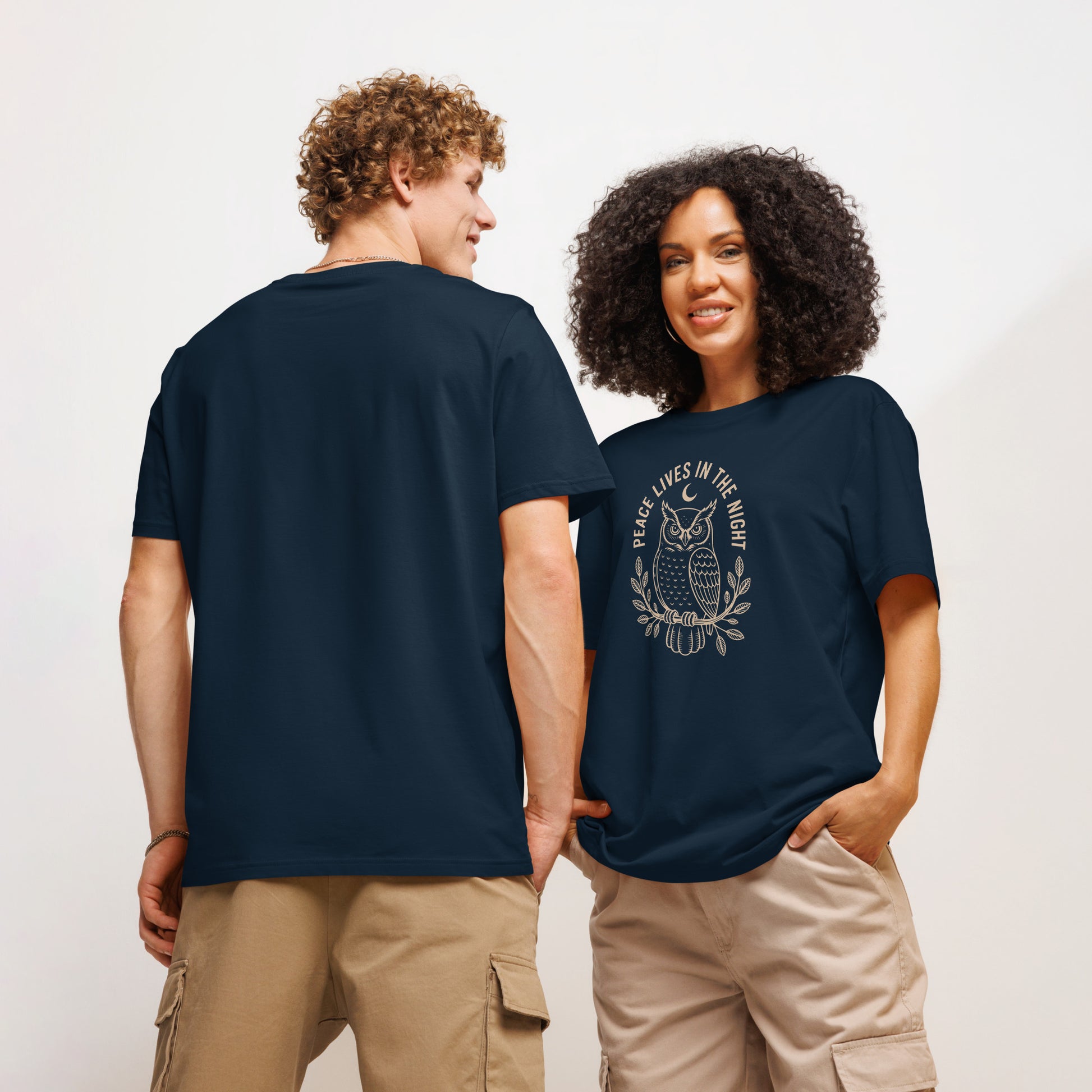 Unisex Organic Ribbed Neck T-Shirt: 'Peace in the Night' | Sustainable Owl Fashion USA Dudeily