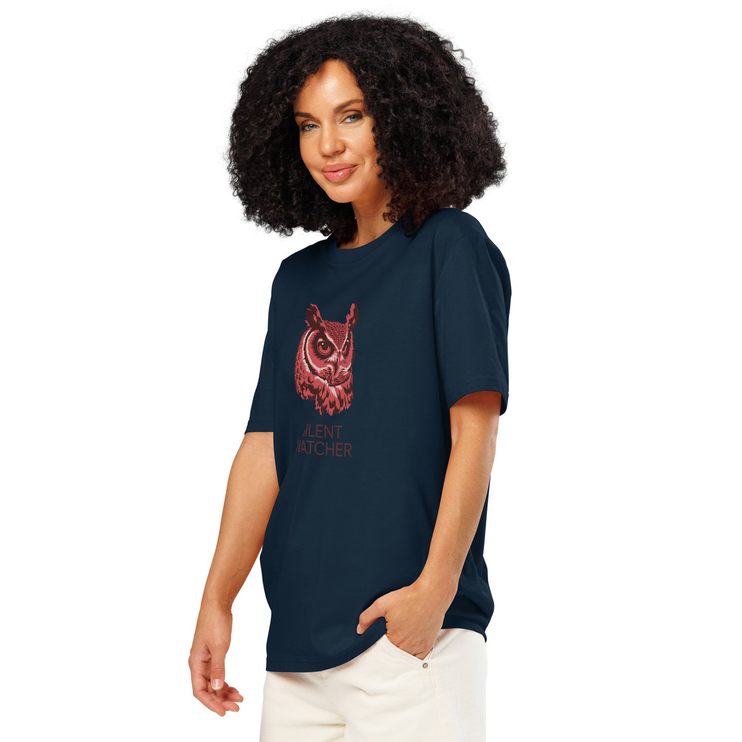 Unisex Organic Ribbed Neck T-Shirt: 'Silent Watcher' | Eco-Friendly Owl Apparel USA French Navy Dudeily