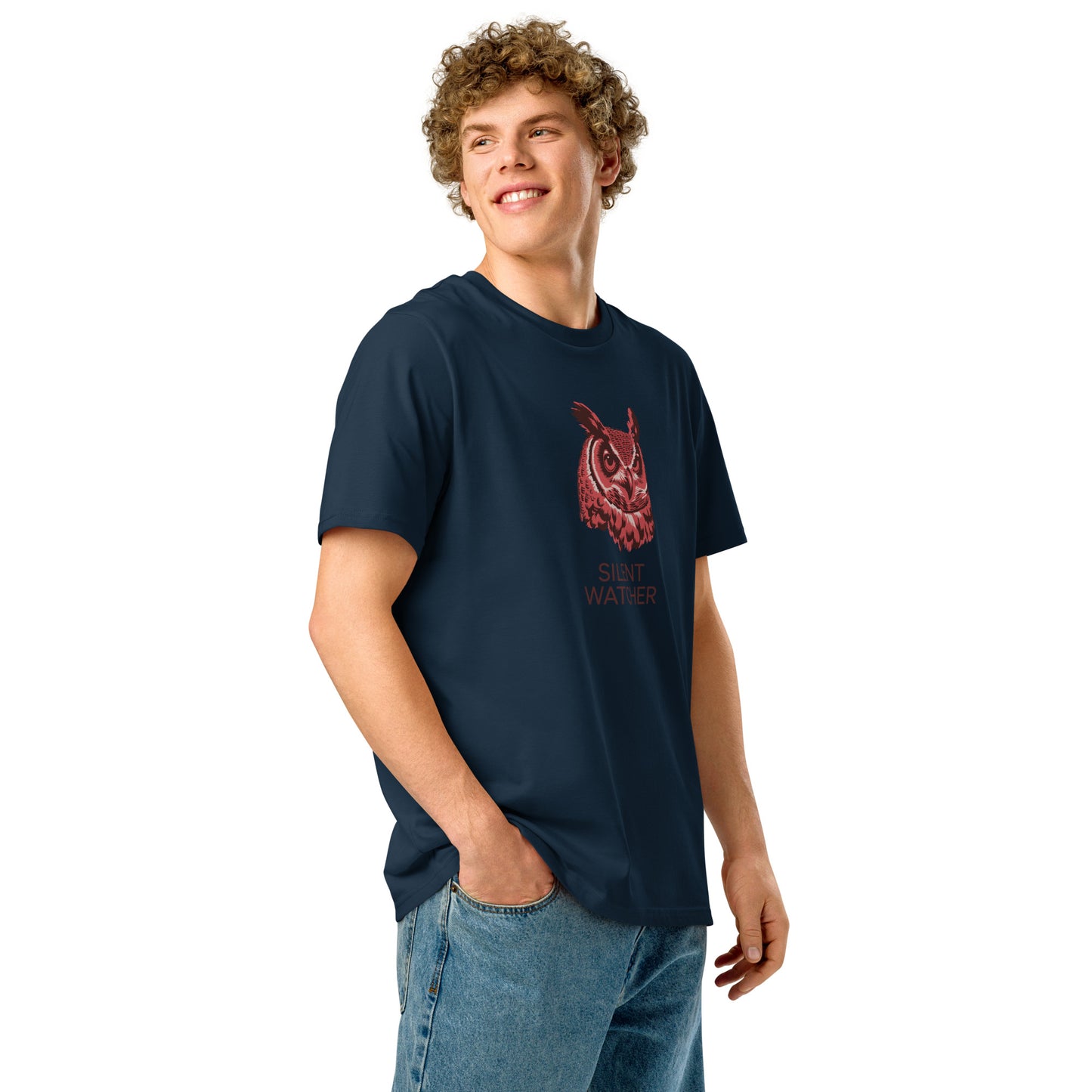 Unisex Organic Ribbed Neck T-Shirt: 'Silent Watcher' | Eco-Friendly Owl Apparel USA Dudeily