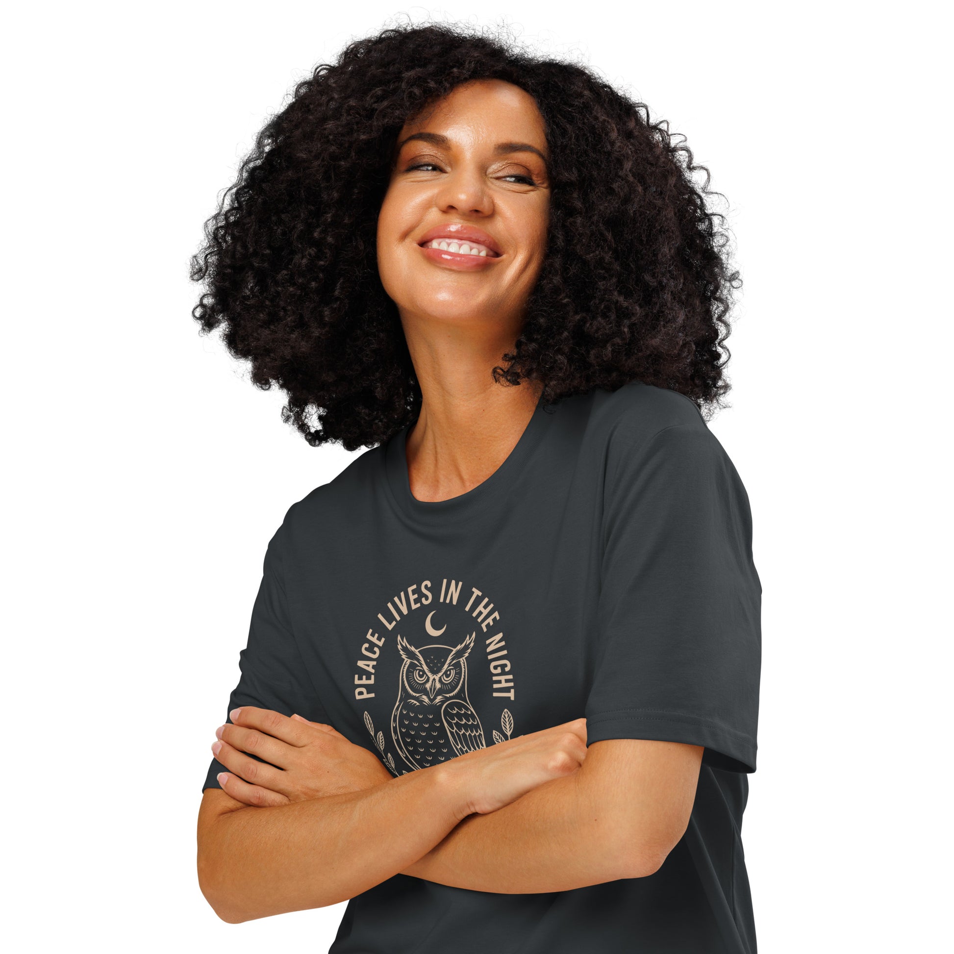 Unisex Organic Ribbed Neck T-Shirt: 'Peace in the Night' | Sustainable Owl Fashion USA Dudeily