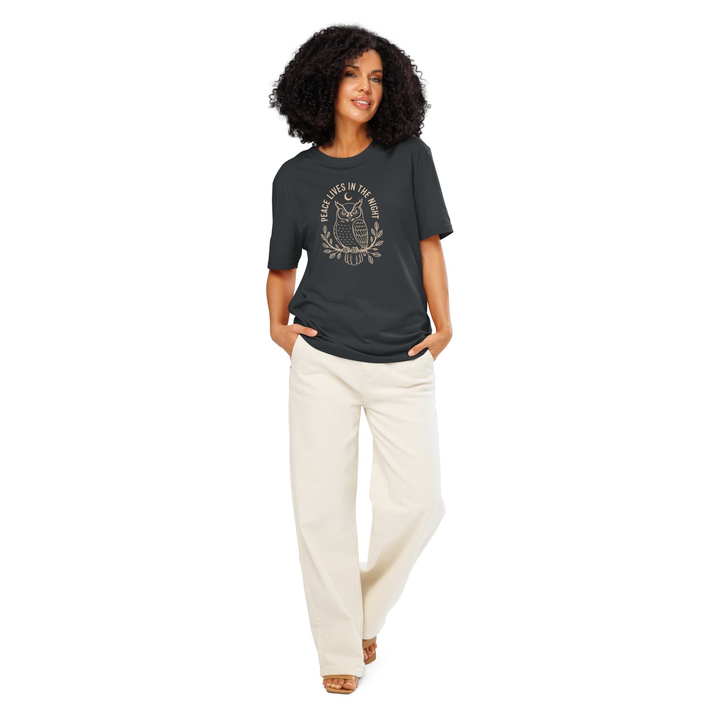 Unisex Organic Ribbed Neck T-Shirt: 'Peace in the Night' | Sustainable Owl Fashion USA India Ink Grey Dudeily