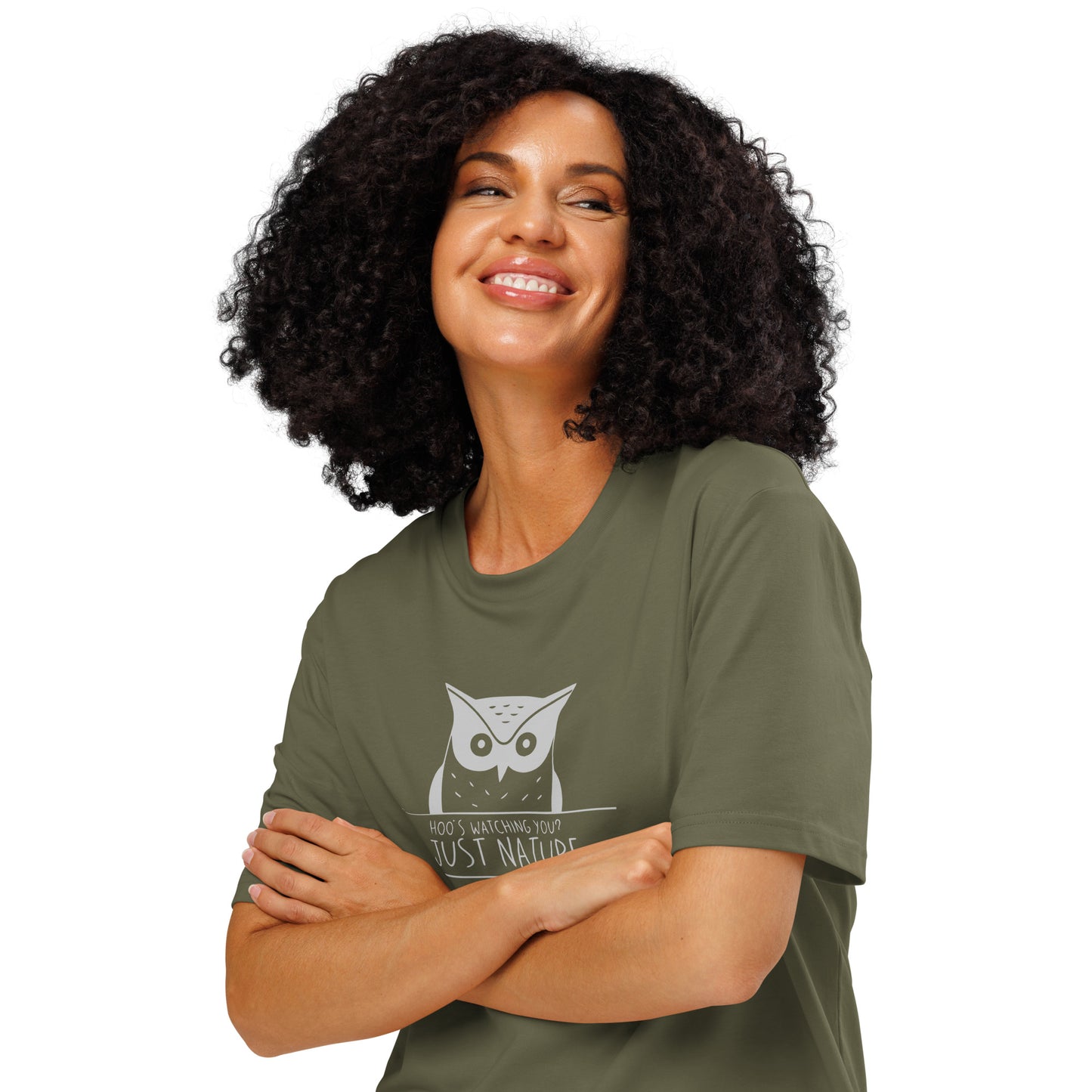 Ribbed Neck T-Shirt: 'Hoo’s Watching You? Just Nature' | Eco-Friendly Owl Apparel USA Khaki Dudeily