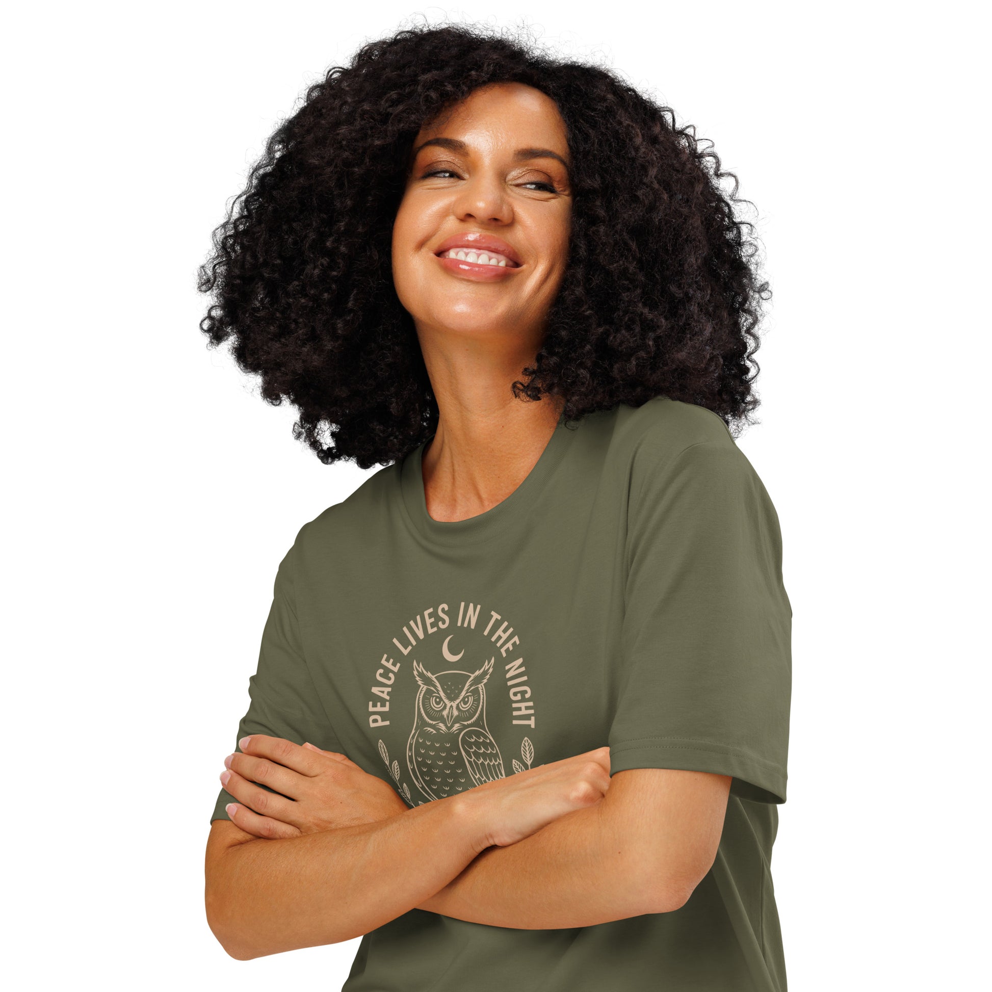 Unisex Organic Ribbed Neck T-Shirt: 'Peace in the Night' | Sustainable Owl Fashion USA Dudeily