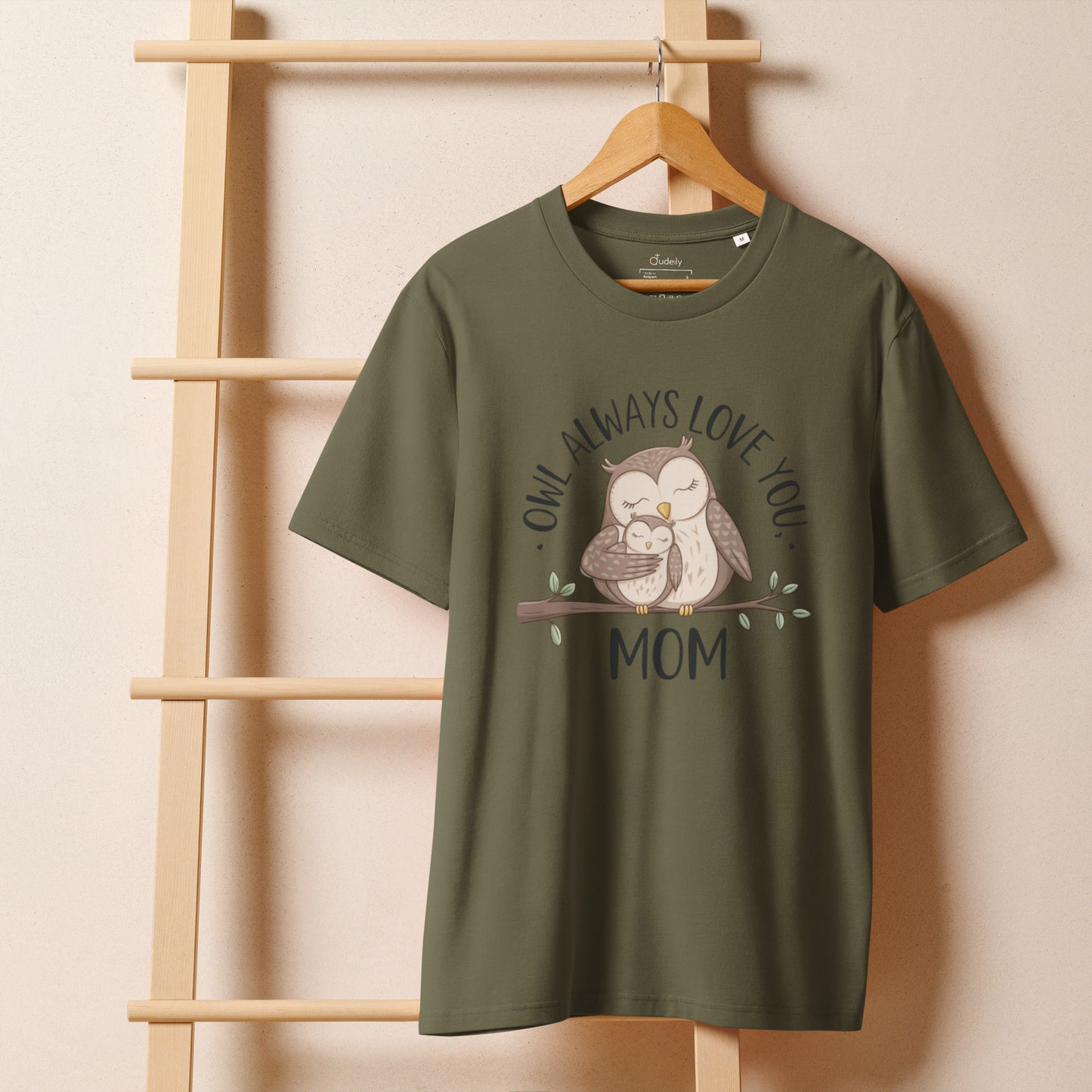 Unisex Organic Ribbed Neck T-Shirt – Owl-Inspired Eco-Friendly Sustainable Tee Khaki Dudeily