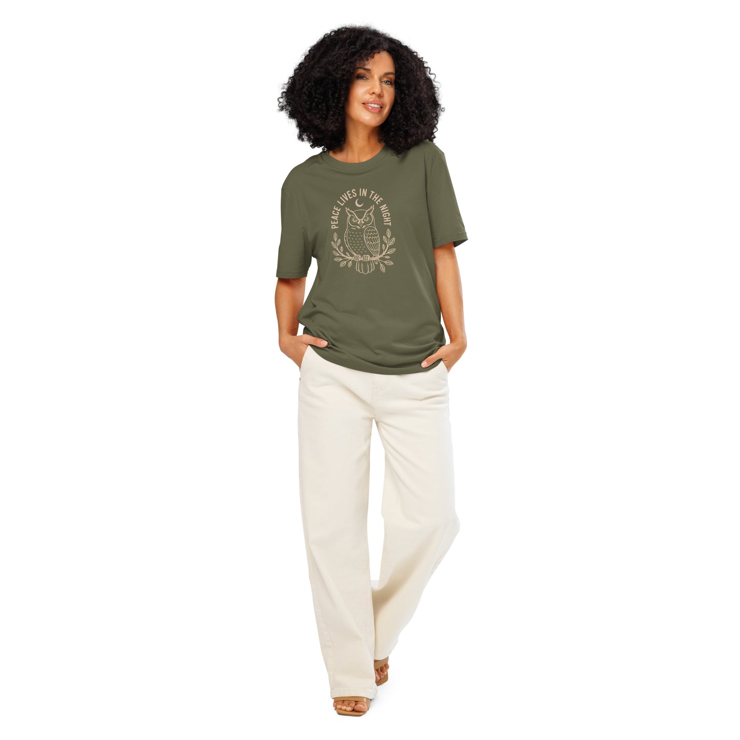Unisex Organic Ribbed Neck T-Shirt: 'Peace in the Night' | Sustainable Owl Fashion USA Khaki Dudeily