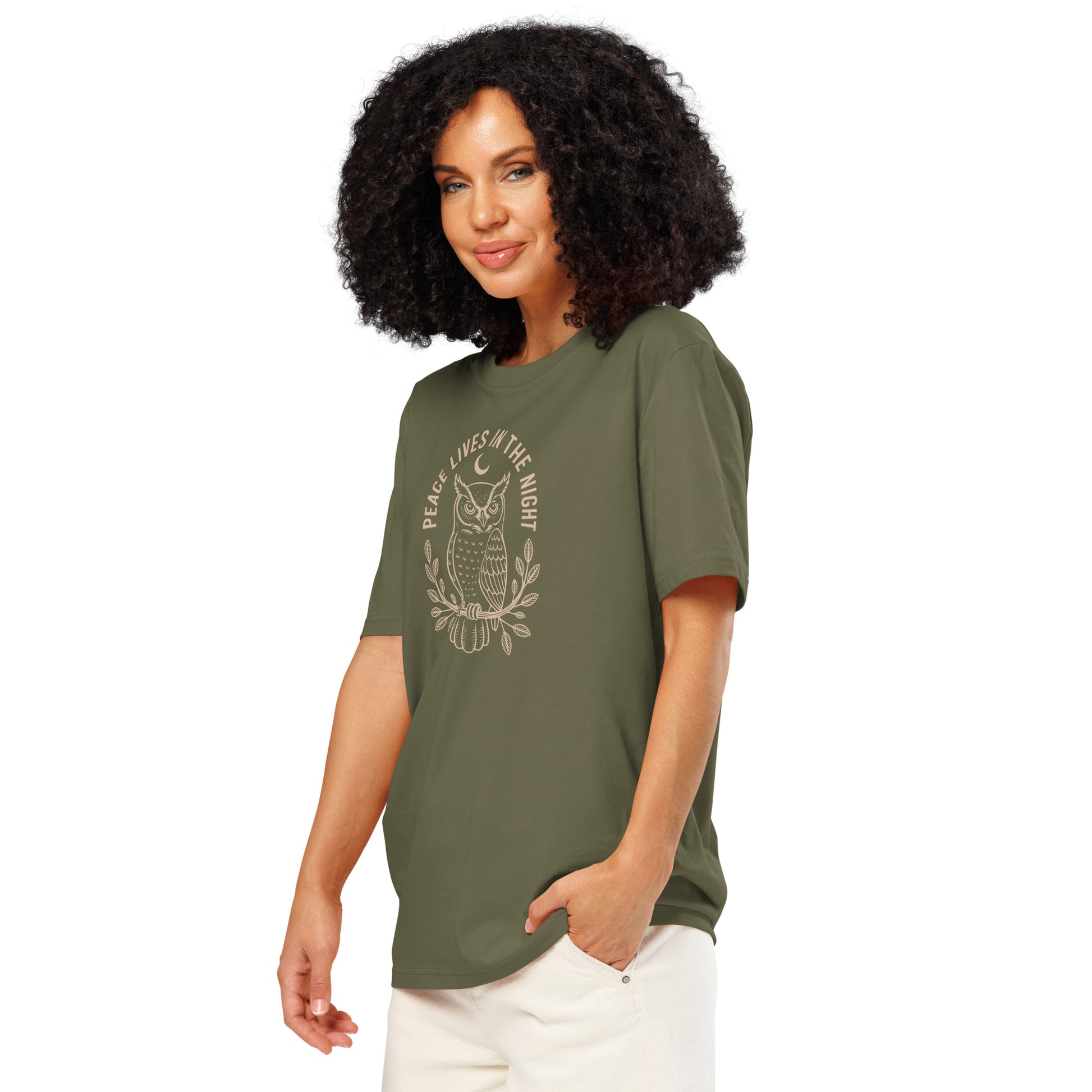 Unisex Organic Ribbed Neck T-Shirt: 'Peace in the Night' | Sustainable Owl Fashion USA Dudeily