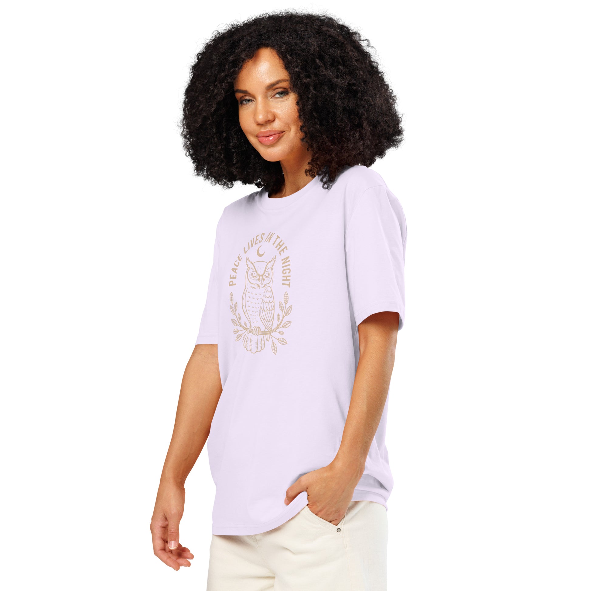 Unisex Organic Ribbed Neck T-Shirt: 'Peace in the Night' | Sustainable Owl Fashion USA Dudeily
