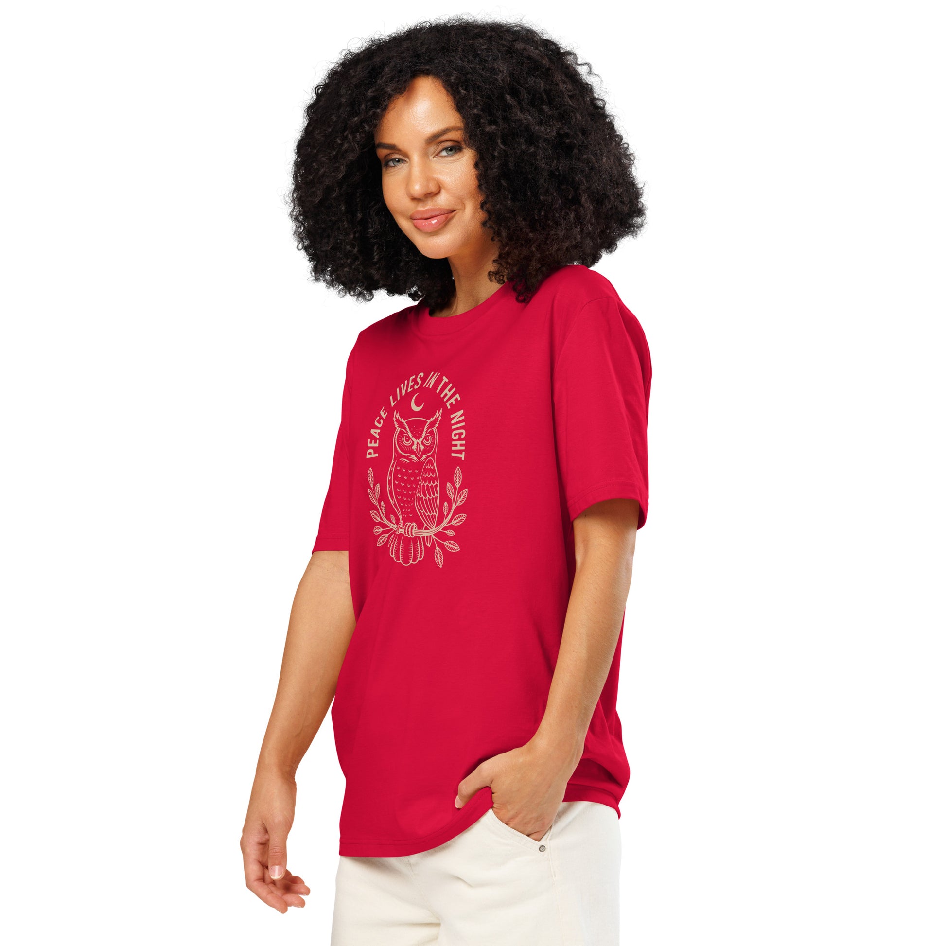 Unisex Organic Ribbed Neck T-Shirt: 'Peace in the Night' | Sustainable Owl Fashion USA Dudeily