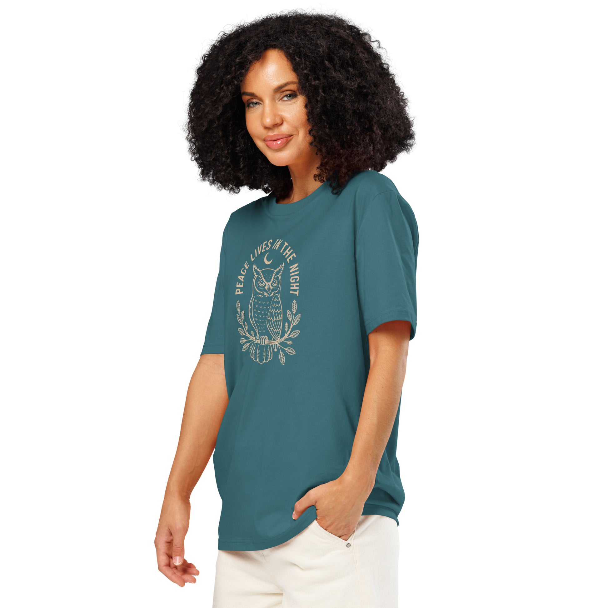 Unisex Organic Ribbed Neck T-Shirt: 'Peace in the Night' | Sustainable Owl Fashion USA Dudeily