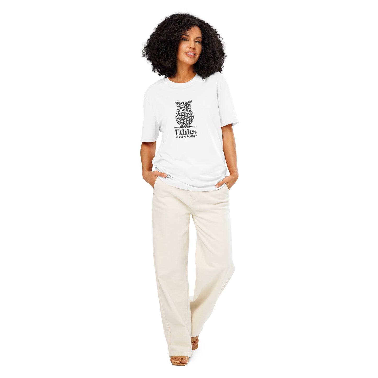 Unisex Organic Ribbed Neck T-Shirt: 'Ethics in Every Feather' | Sustainable Owl Fashion USA White Dudeily