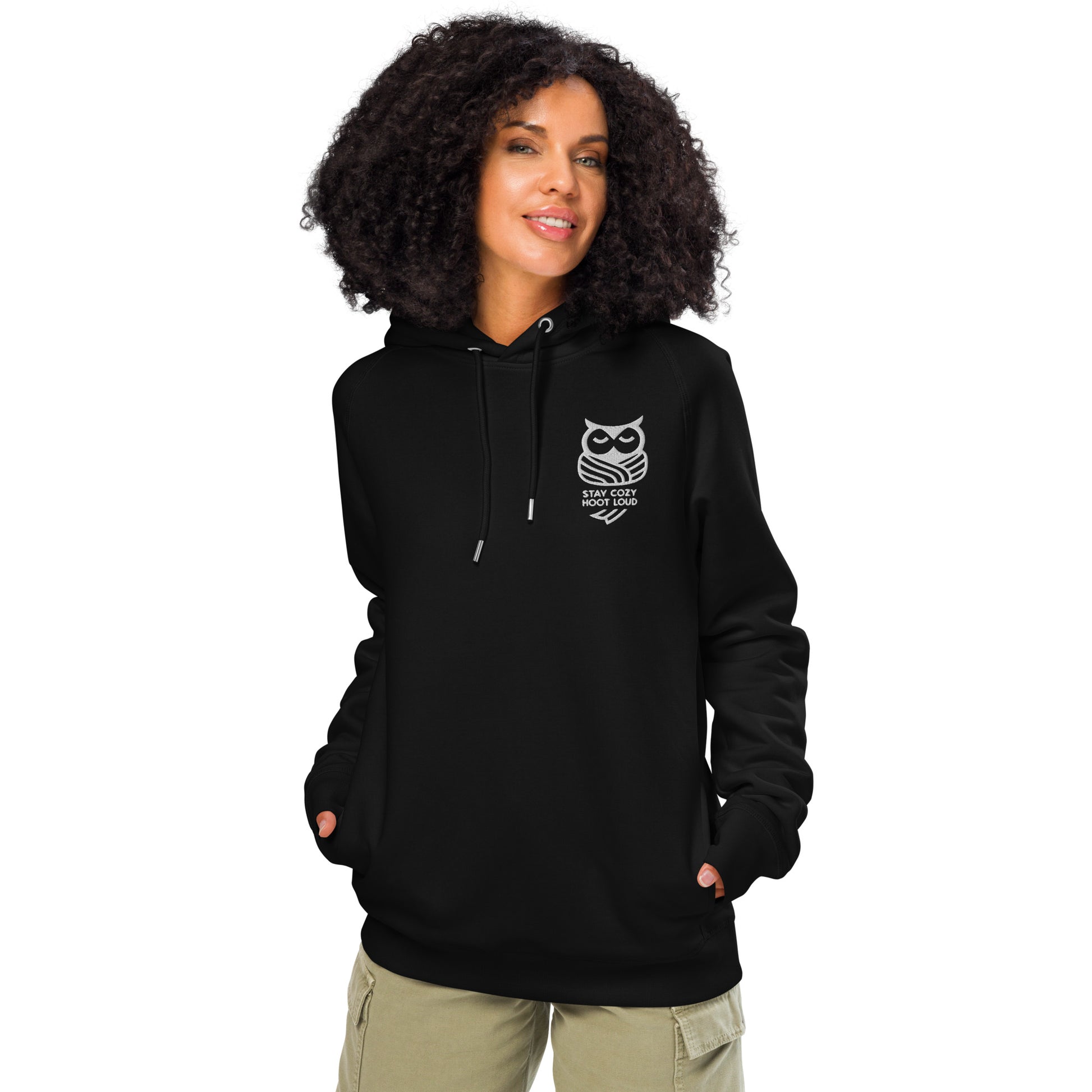 Owl Unisex Organic Side Pocket Hoodie: 'Stay Cozy Hoot Loud' in Fall | Sustainable Fashion USA Black Dudeily
