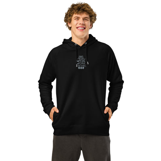 Unisex Organic Side Pocket Hoodie: Wise Work, Kind Planet | Owl Embroidered Sustainable Fashion Dudeily